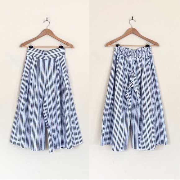 MISA Camden Pleated Stripe Wide Leg Culotte Pants in White Blue - Picture 7 of 14